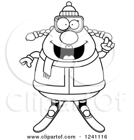 Clipart of a Black and White Smart Chubby Female Skier with an Idea - Royalty Free Vector Illustration by Cory Thoman
