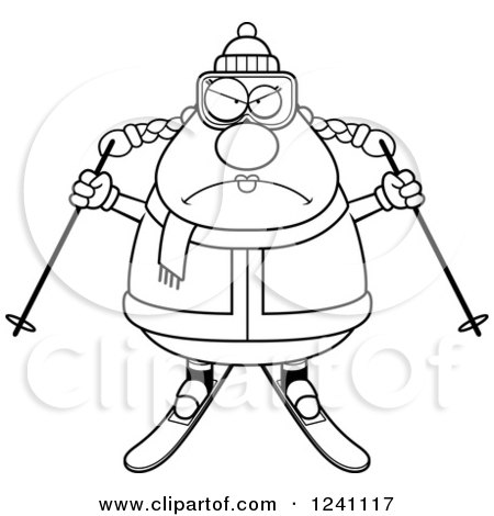 Clipart of a Black and White Mad Chubby Female Skier - Royalty Free Vector Illustration by Cory Thoman