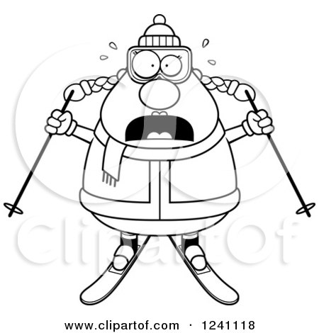 Clipart of a Black and White Scared Screaming Chubby Female Skier - Royalty Free Vector Illustration by Cory Thoman
