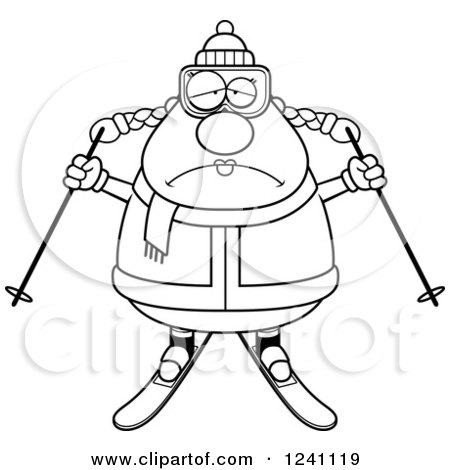 Clipart of a Black and White Depressed Sad Chubby Female Skier - Royalty Free Vector Illustration by Cory Thoman