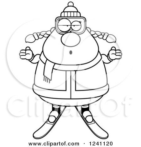 Clipart of a Black and White Careless Shrugging Chubby Female Skier - Royalty Free Vector Illustration by Cory Thoman