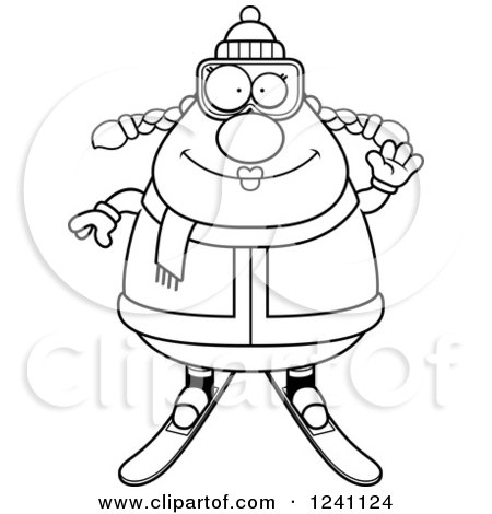 Clipart of a Black and White Friendly Waving Chubby Female Skier - Royalty Free Vector Illustration by Cory Thoman