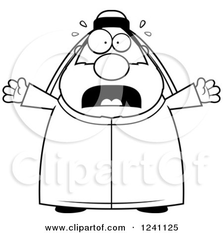 Clipart of a Black and White Scared Screaming Chubby Sheikh - Royalty Free Vector Illustration by Cory Thoman