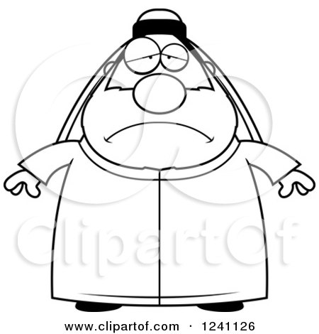 Clipart of a Black and White Depressed Sad Chubby Sheikh - Royalty Free Vector Illustration by Cory Thoman