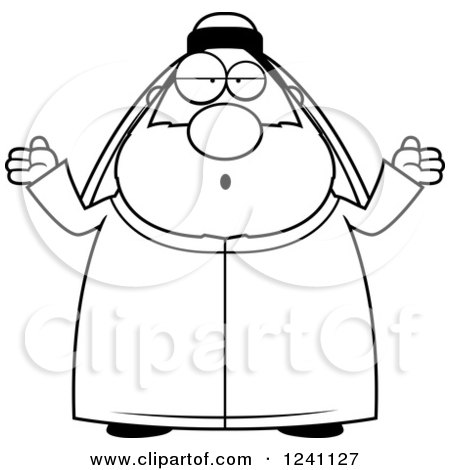 Clipart of a Black and White Careless Shrugging Chubby Sheikh - Royalty Free Vector Illustration by Cory Thoman
