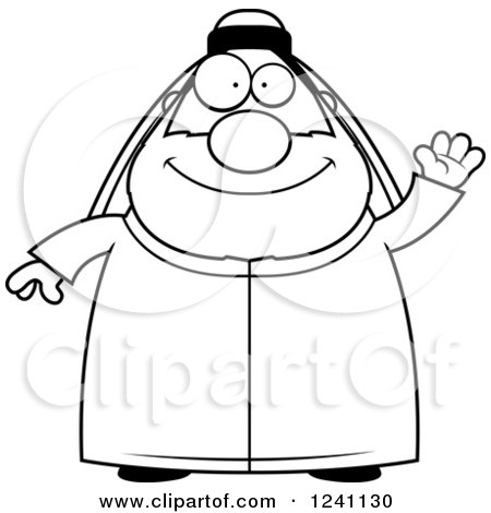Clipart of a Black and White Friendly Waving Chubby Sheikh - Royalty Free Vector Illustration by Cory Thoman