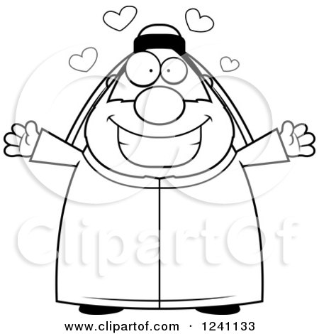 Clipart of a Black and White Chubby Sheikh with Open Arms and Hearts - Royalty Free Vector Illustration by Cory Thoman