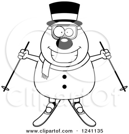 Clipart of a Black and White Happy Skiing Snowman with a Top Hat - Royalty Free Vector Illustration by Cory Thoman
