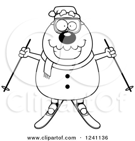 Clipart of a Black and White Happy Skiing Christmas Snowman Holding out Poles - Royalty Free Vector Illustration by Cory Thoman