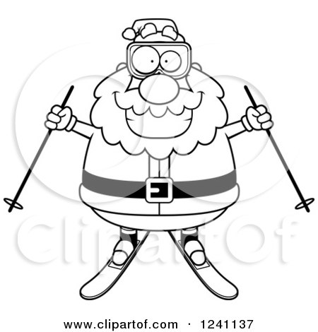 Clipart of a Black and White Happy Skiing Santa Holding out Poles - Royalty Free Vector Illustration by Cory Thoman