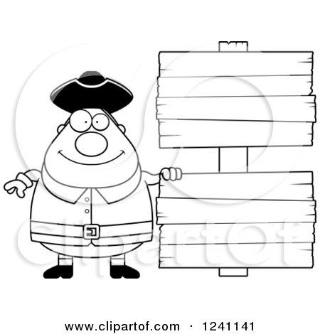 Clipart of a Black and White Chubby Colonial Man by Wooden Signs - Royalty Free Vector Illustration by Cory Thoman