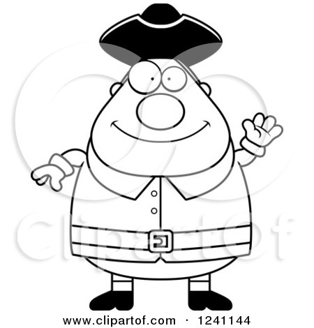 Clipart of a Black and White Friendly Waving Chubby Colonial Man - Royalty Free Vector Illustration by Cory Thoman