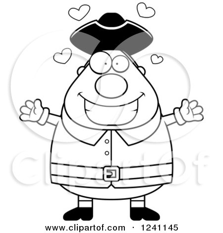 Clipart of a Black and White Chubby Colonial Man with Open Arms and Hearts - Royalty Free Vector Illustration by Cory Thoman