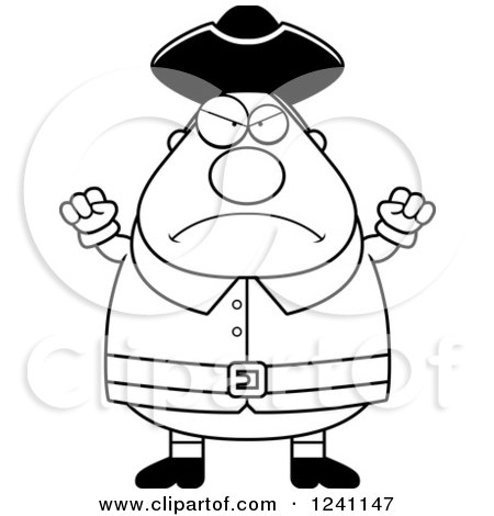Clipart of a Black and White Mad Chubby Colonial Man Waving His Fists - Royalty Free Vector Illustration by Cory Thoman