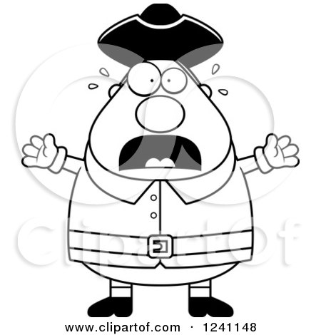 Clipart of a Black and White Scared Screaming Chubby Colonial Man - Royalty Free Vector Illustration by Cory Thoman