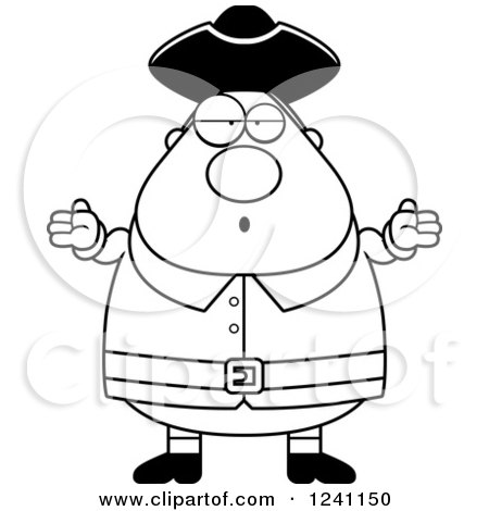 Clipart of a Black and White Careless Shrugging Chubby Colonial Man - Royalty Free Vector Illustration by Cory Thoman