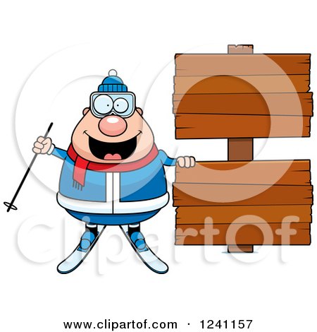 Clipart of a Chubby Male Skier with Wooden Signs - Royalty Free Vector Illustration by Cory Thoman