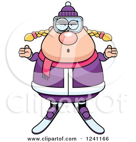 Clipart of a Careless Shrugging Chubby Female Skier - Royalty Free Vector Illustration by Cory Thoman