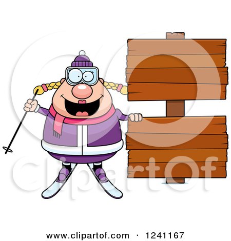 Clipart of a Chubby Female Skier with Wooden Signs - Royalty Free Vector Illustration by Cory Thoman