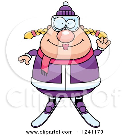 Clipart of a Friendly Waving Chubby Female Skier - Royalty Free Vector Illustration by Cory Thoman