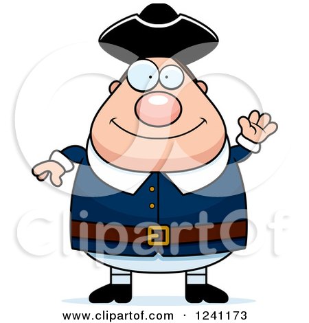 Clipart of a Friendly Waving Chubby Colonial Man - Royalty Free Vector Illustration by Cory Thoman