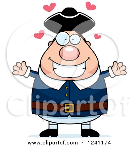 Clipart of a Chubby Colonial Man with Open Arms and Hearts - Royalty Free Vector Illustration by Cory Thoman