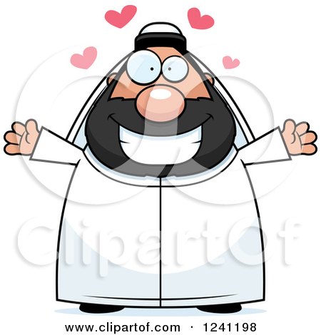 Clipart of a Chubby Sheikh with Open Arms and Hearts - Royalty Free Vector Illustration by Cory Thoman