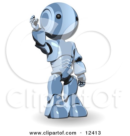 Blue Metal Robot Waving or Raising His Hand Clipart Illustration by Leo Blanchette