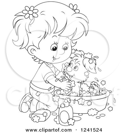 Clipart of a Black and White Girl Washing a Puppy in a Tub - Royalty Free Vector Illustration by Alex Bannykh