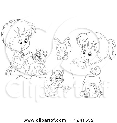 Clipart of a Black and White Boy and Girl Playing with Kittens and Yarn - Royalty Free Vector Illustration by Alex Bannykh