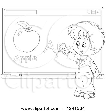 Clipart of a Black and White School Boy Spelling Apple on a White Board - Royalty Free Vector Illustration by Alex Bannykh