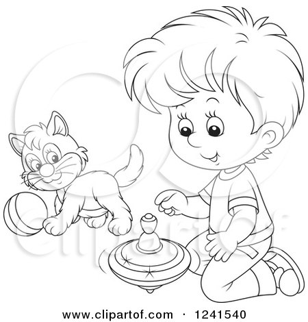 Clipart of a Black and White Boy Playing with a Spinner and Kitten - Royalty Free Vector Illustration by Alex Bannykh