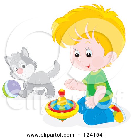 Clipart of a Blond Caucasian Boy Playing with a Spinner and Kitten - Royalty Free Vector Illustration by Alex Bannykh