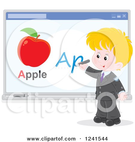 Clipart of a Blond Caucasian School Boy Spelling Apple on a White Board - Royalty Free Vector Illustration by Alex Bannykh
