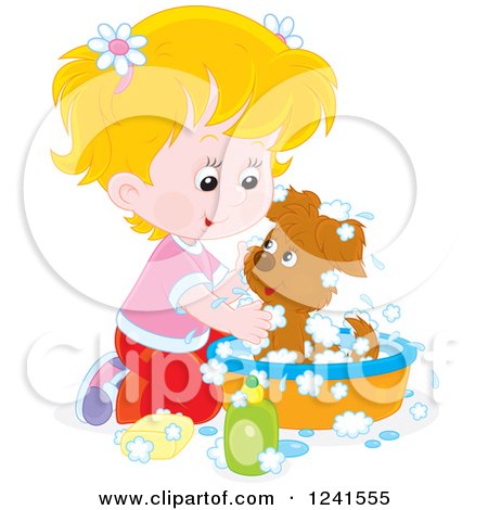 Clipart of a Blond Caucasian Girl Washing a Puppy in a Tub - Royalty Free Vector Illustration by Alex Bannykh