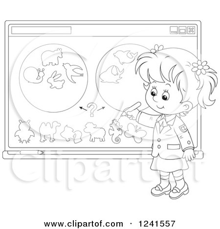 Clipart of a Black and White School Girl Doing a Biology Study - Royalty Free Vector Illustration by Alex Bannykh