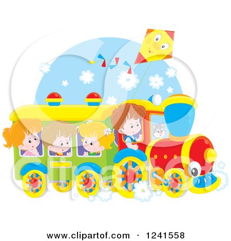 Clipart of Children Riding a Train with a Kite Above - Royalty Free Vector Illustration by Alex Bannykh