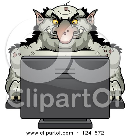 Clipart of a Grinning Evil Troll Using a Computer - Royalty Free Vector Illustration by Cory Thoman