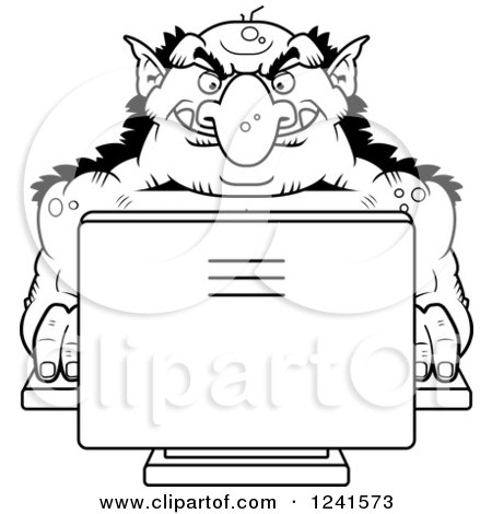 Clipart of a Black and White Troll Using a Computer - Royalty Free Vector Illustration by Cory Thoman