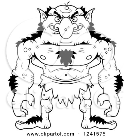 Clipart of a Black and White Grinning Evil Troll - Royalty Free Vector Illustration by Cory Thoman