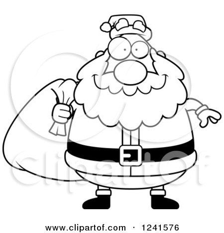 Clipart of a Black and White Jolly Santa Carrying a Christmas Sack - Royalty Free Vector Illustration by Cory Thoman