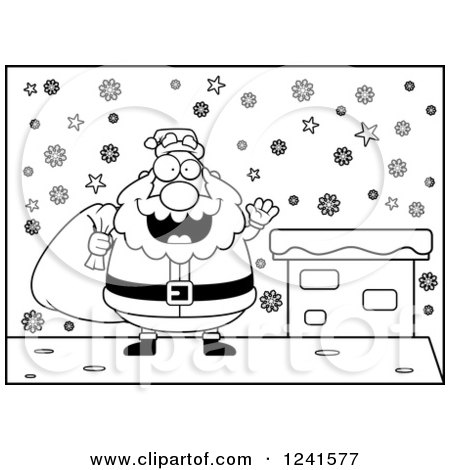 Clipart of a Black and White Jolly Santa Waving and Carrying a Sack on a Snowy Roof Top - Royalty Free Vector Illustration by Cory Thoman