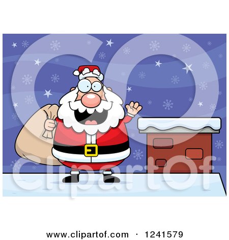 Clipart of a Jolly Santa Waving and Carrying a Sack on a Snowy Roof Top - Royalty Free Vector Illustration by Cory Thoman