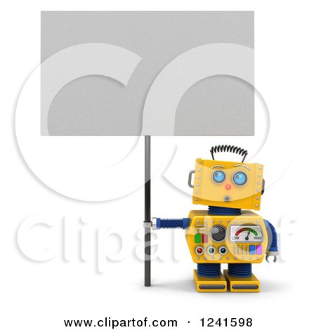 Clipart of a 3d Surprised Yellow Robot Looking up and Holding a Sign - Royalty Free CGI Illustration by stockillustrations