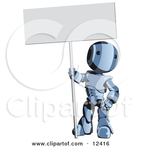Blue Metal Robot Holding a Blank Sign Clipart Illustration by Leo Blanchette