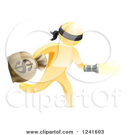 Clipart of a 3d Gold Masked Robber Running with a Money Bag and Flashlight - Royalty Free Vector Illustration by AtStockIllustration