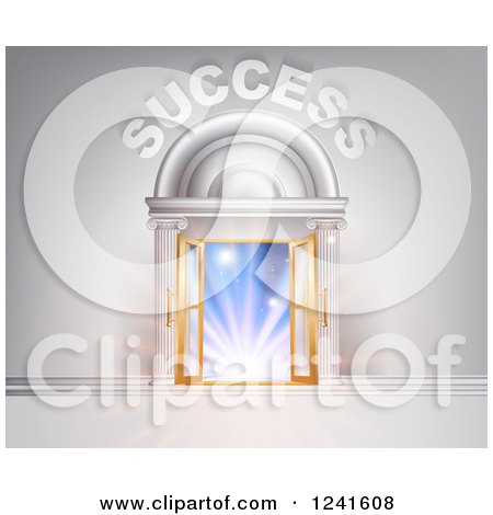 Clipart of 3d SUCCESS over Open Doors with Light - Royalty Free Vector Illustration by AtStockIllustration