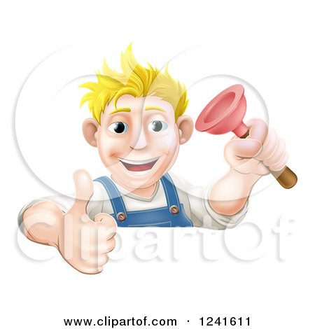 Clipart of a Happy Male Plumber Holding a Thumb up and Plunger over a Sign - Royalty Free Vector Illustration by AtStockIllustration