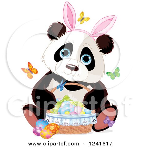Clipart of a Cute Panda Wearing Bunny Ears and Sitting with a Basket of Easter Eggs and Butterflies - Royalty Free Vector Illustration by Pushkin