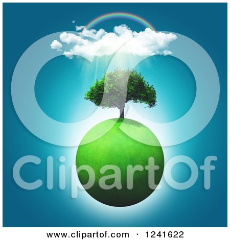 Clipart of a 3d Grassy Green Planet with a Tree and Sunshine, Cloud and Rainbow - Royalty Free Illustration by KJ Pargeter